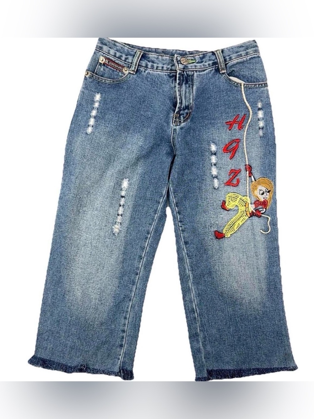 Rare Y2K QIAOSENNU Anime Embroidered Distressed Crop Capri Jeans